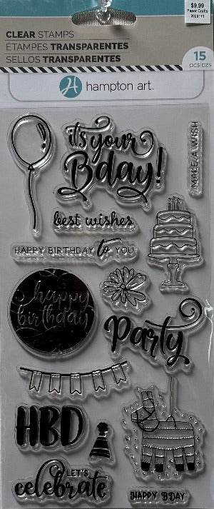 Janet Dunn Clear Stamp Set by Hampton Art - It's Your Bday, 15 pieces